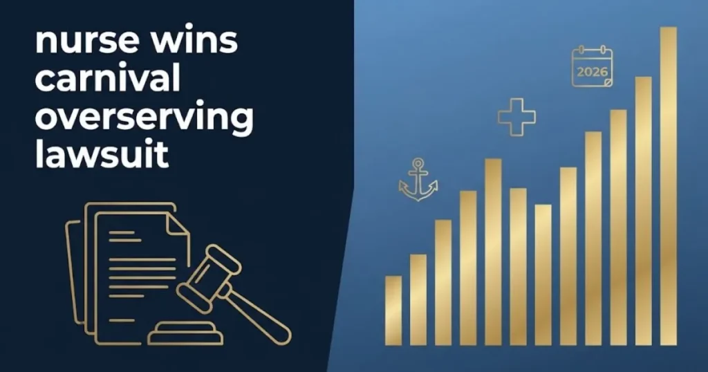 Legal infographic with rising settlement chart and text nurse wins carnival overserving lawsuit on navy and gold background