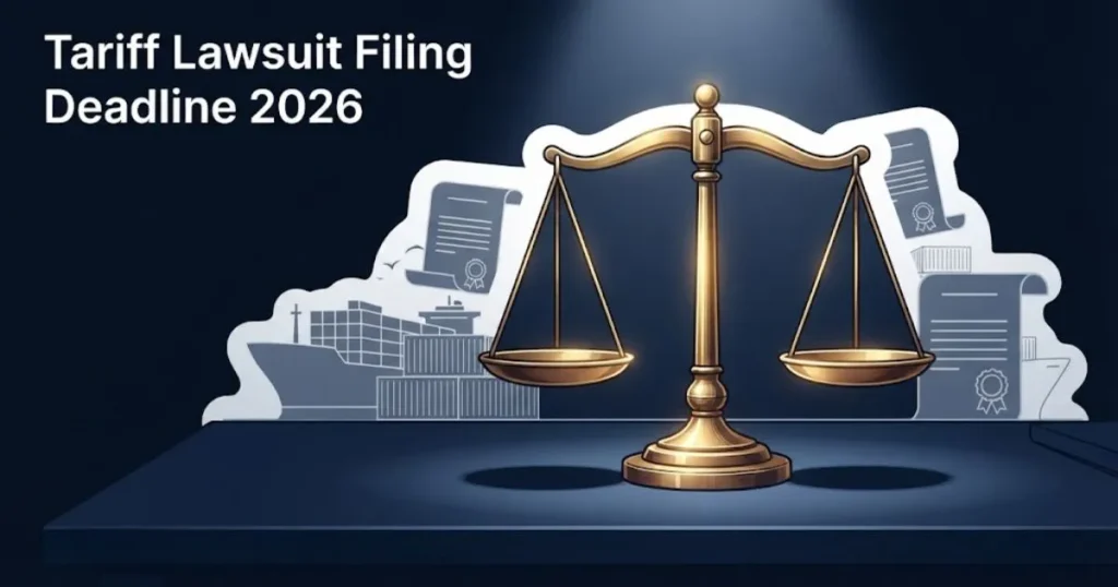 Legal scales of justice with cargo ship silhouettes under supreme court tariff case ruling date heading.
