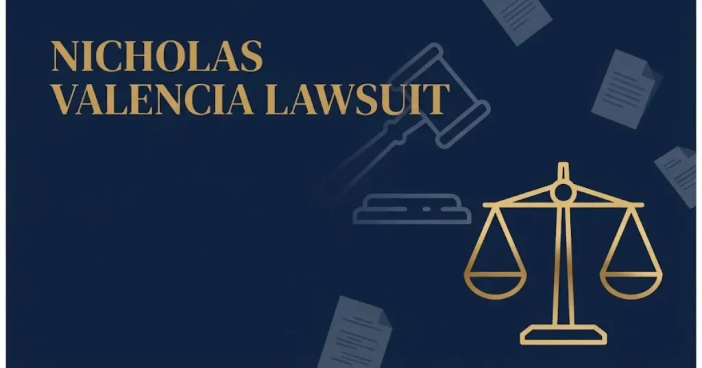Legal themed graphic with nicholas valencia lawsuit text, gavel icon, and balance scale on navy background