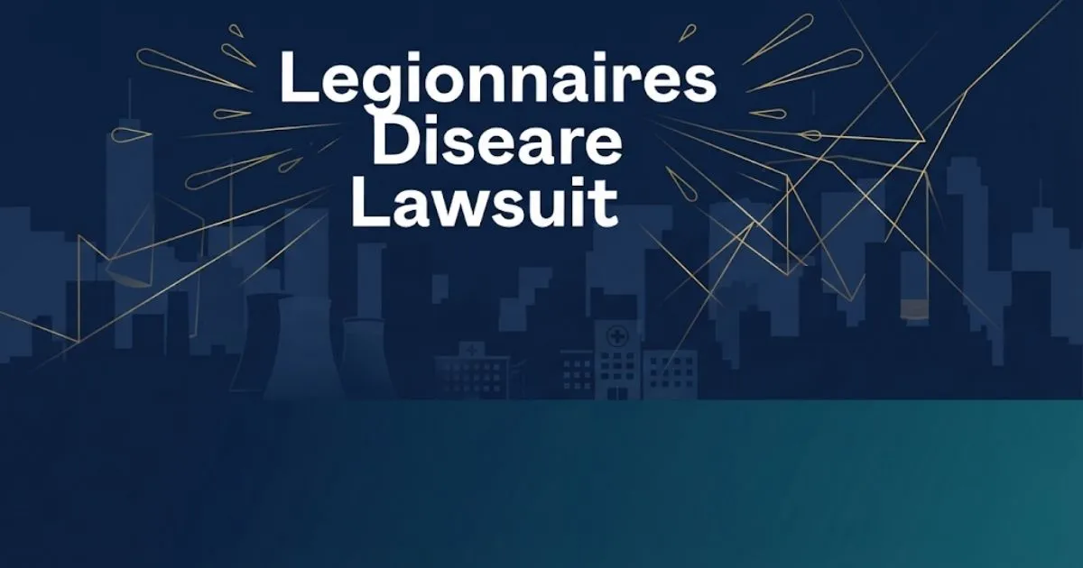 Legionnaires disease lawsuit hero banner with cityscape silhouette and cooling tower icons in navy and gold