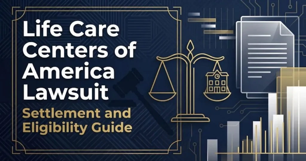 Life Care Centers of America lawsuit settlement and eligibility guide graphic with legal documents