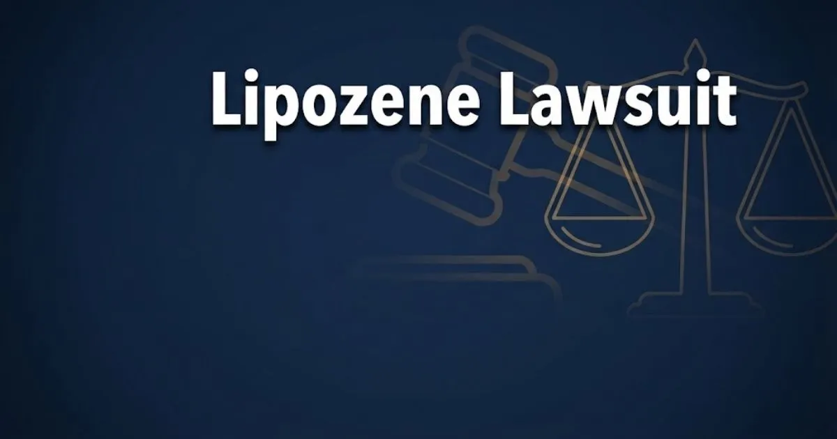 Lipozene lawsuit hero banner with legal scales and gavel on navy background
