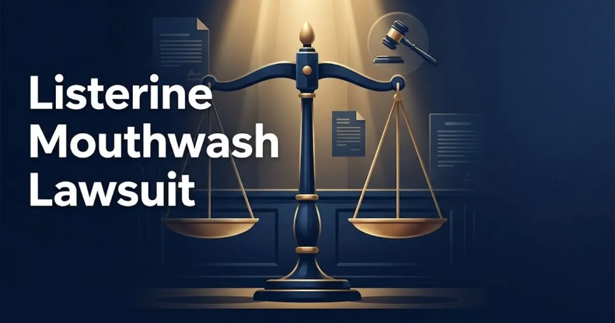 Listerine mouthwash lawsuit banner with scales of justice in navy and gold editorial design