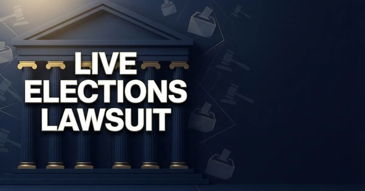 Live elections lawsuit hero banner with courthouse silhouette and ballot icons in navy and gold