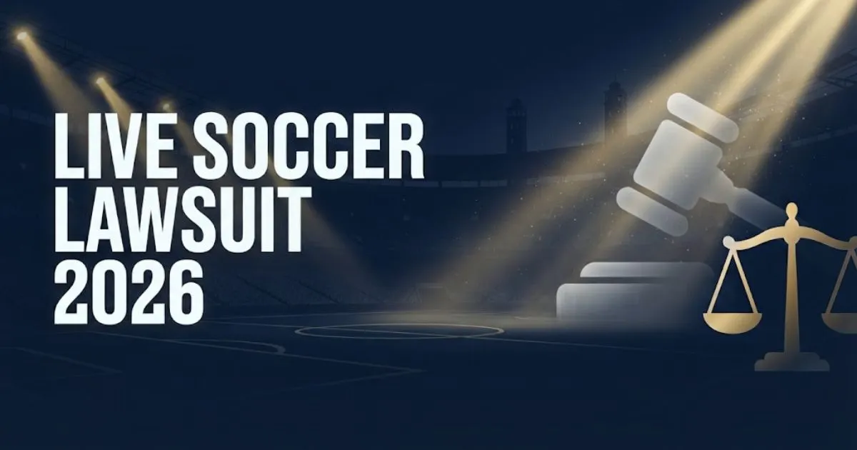 Live soccer lawsuit 2026 hero banner with stadium silhouette and legal symbols in navy and gold