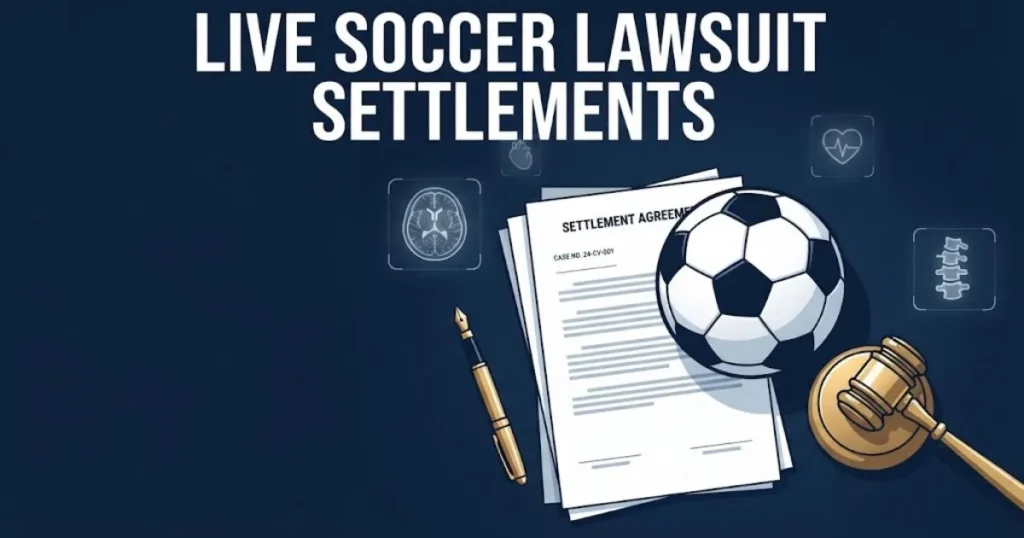 Live soccer lawsuit settlements graphic with legal documents and soccer ball in navy and gold