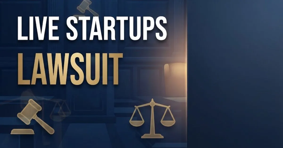 Live startups lawsuit hero banner with navy courtroom background and gold legal scales icon