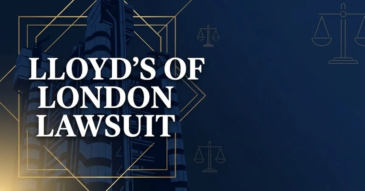 Lloyd's of London lawsuit hero banner with stylized Lloyd's building silhouette and gold legal scales on navy background