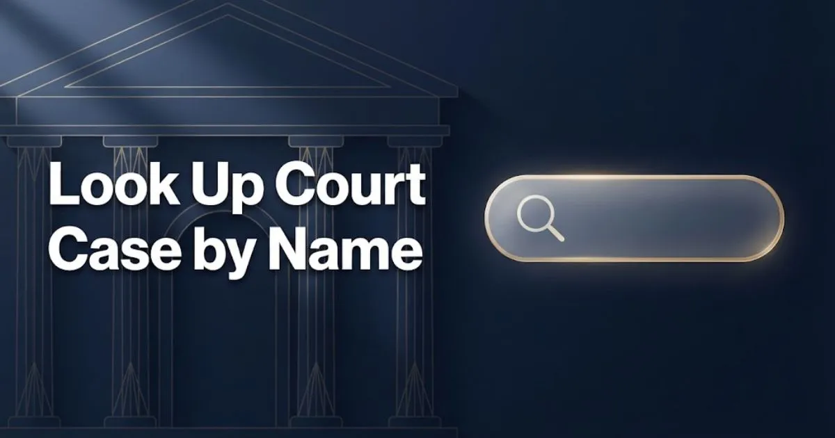 Look up court case by name hero banner with courthouse graphic and search icon in navy and gold
