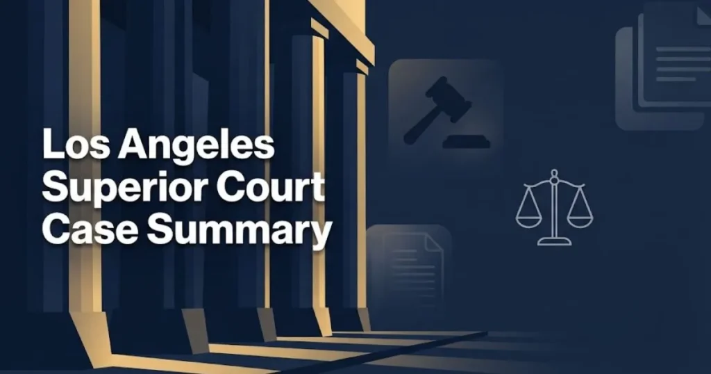 Los Angeles Superior Court case summary hero banner with courthouse columns and legal icons in navy and gold