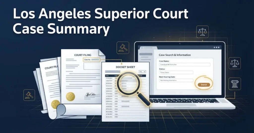Los Angeles Superior Court case summary supporting graphic with legal documents and digital search interface