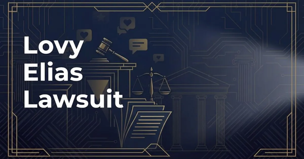Lovy Elias Lawsuit hero banner with navy blue courtroom graphics and gold accents on dark background