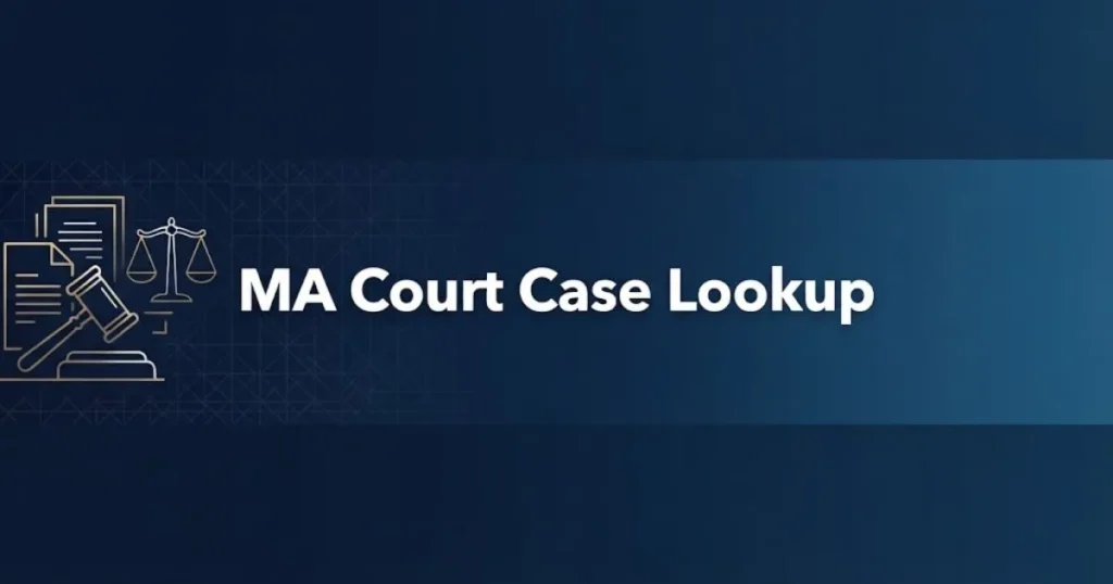 MA court case lookup hero banner with legal icons and navy blue background for Massachusetts court records search guide