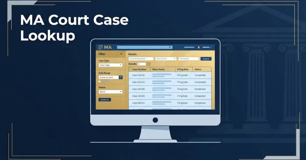MA court case lookup supporting graphic showing digital court records search interface on navy background with gold accents