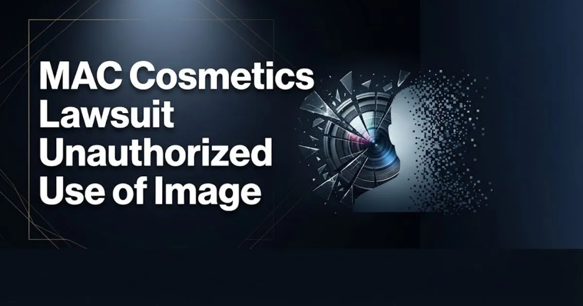 MAC cosmetics lawsuit unauthorized use of image hero banner with shattered lens and digital face silhouette in navy and gold tones.