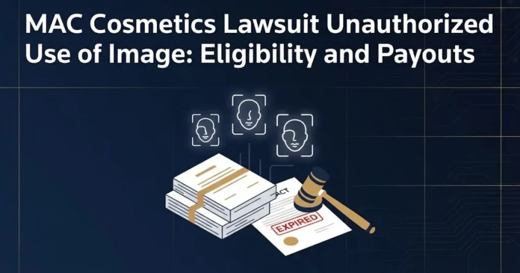 MAC cosmetics lawsuit unauthorized use of image supporting graphic showing legal documents, gavel, and expired contract in navy and gold.