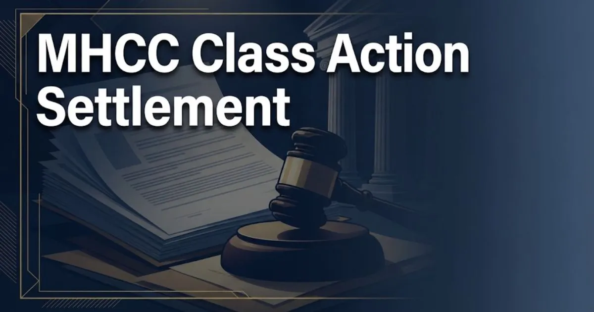 MHCC class action settlement banner with legal documents and gavel silhouette on navy background