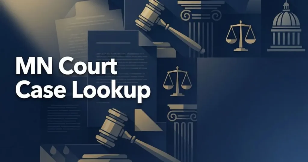 MN Court Case Lookup hero banner with navy and gold legal theme and courthouse silhouette background