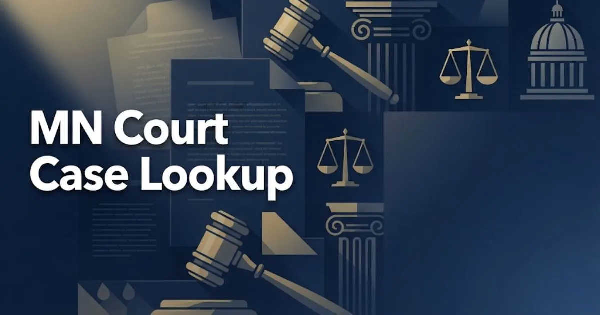 MN Court Case Lookup hero banner with navy and gold legal theme and courthouse silhouette background