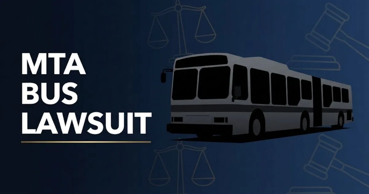 MTA bus lawsuit hero banner with NYC transit bus silhouette and legal symbols on navy background