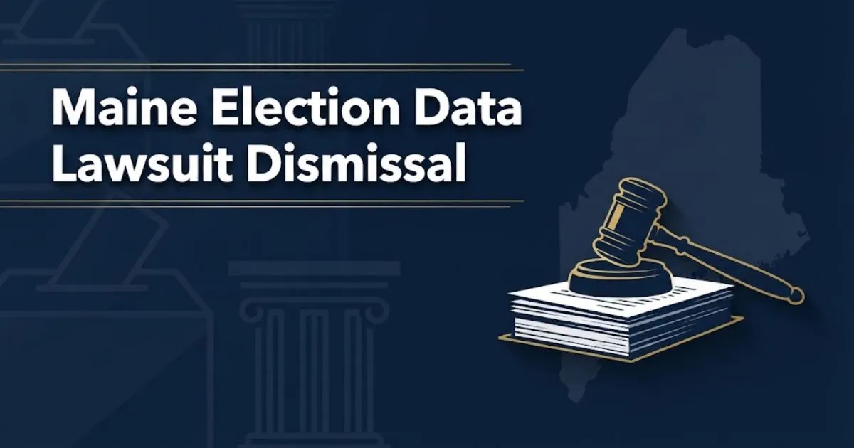 Maine election data lawsuit dismissal banner with gavel silhouette and navy blue legal theme