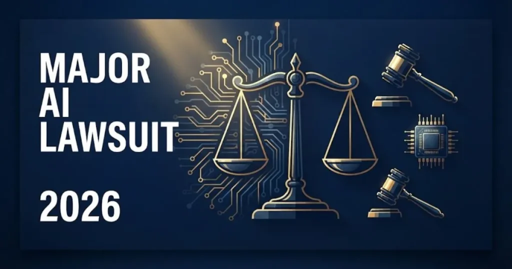 Major AI lawsuit 2026 hero banner with digital courtroom and scales of justice in navy and gold