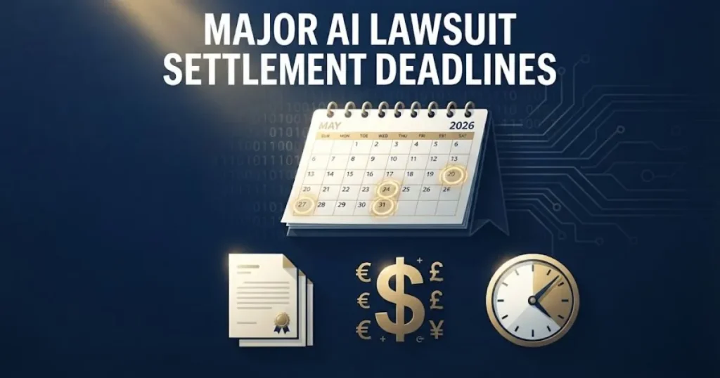 Major AI lawsuit settlement deadlines graphic with calendar icons in navy blue and gold