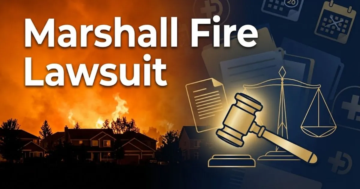 Marshall fire lawsuit hero banner with wildfire silhouette and legal symbols in navy and gold tones