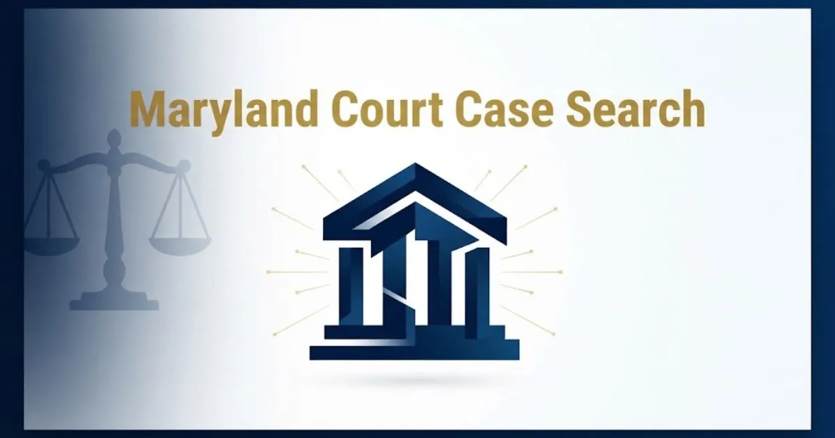 Maryland court case search hero banner with courthouse icon and gold typography on navy background