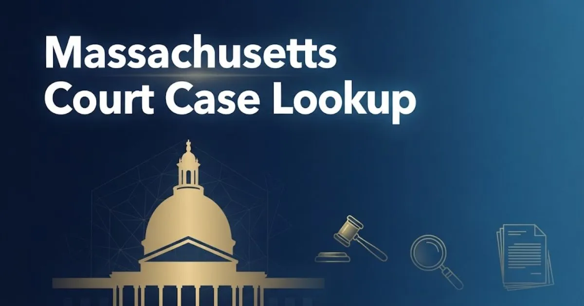 Massachusetts court case lookup hero banner with navy blue background, gold gavel icon, and State House silhouette