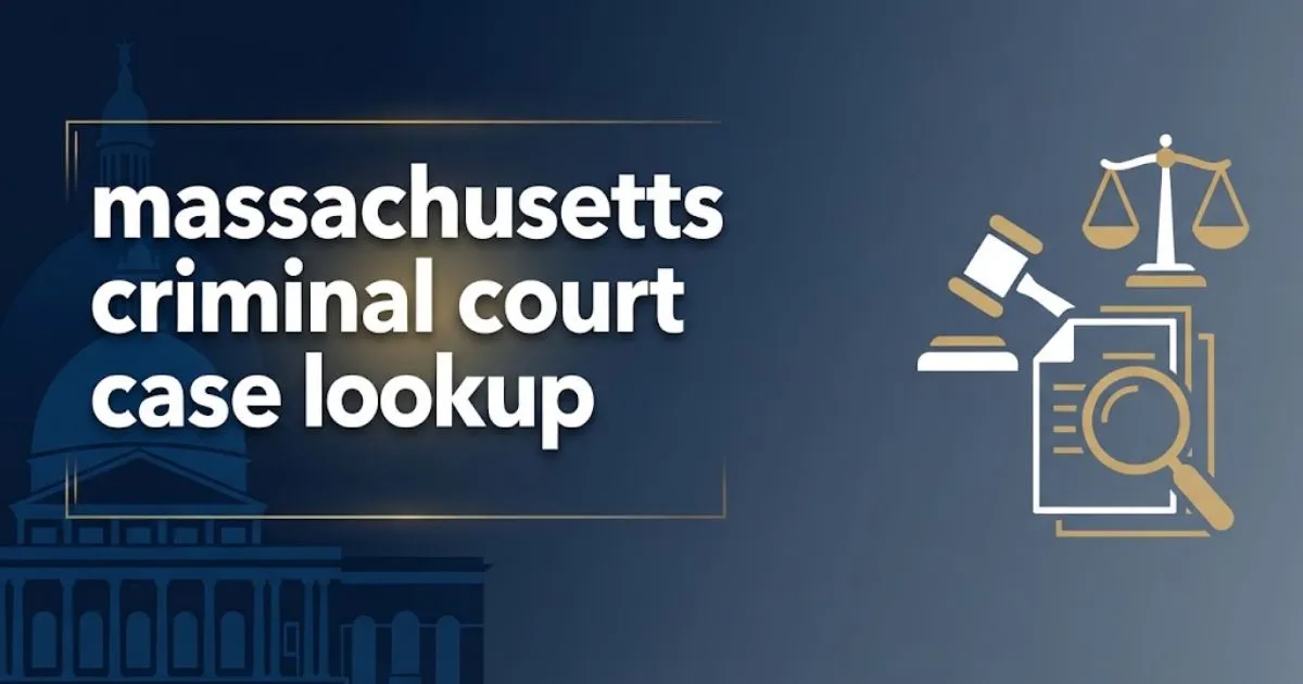 Massachusetts criminal court case lookup hero banner with State House silhouette and legal icons on navy background