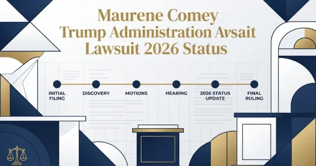 Maurene Comey Trump administration lawsuit 2026 timeline graphic with courtroom elements in navy and gold editorial style