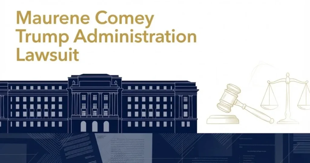 Maurene Comey Trump administration lawsuit hero banner with DOJ building silhouette and legal symbols in navy and gold