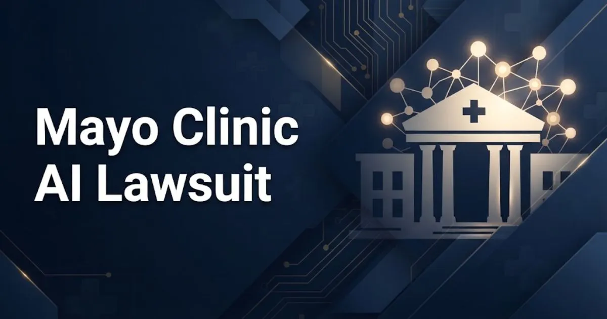Mayo Clinic AI Lawsuit hero banner with navy blue and gold legal healthcare design