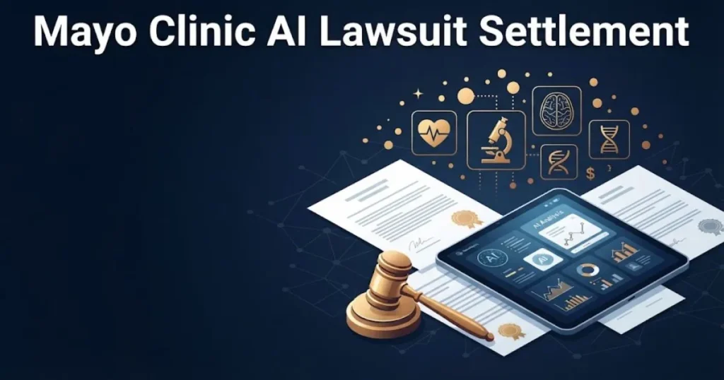 Mayo Clinic AI Lawsuit settlement graphic with legal documents and medical AI icons