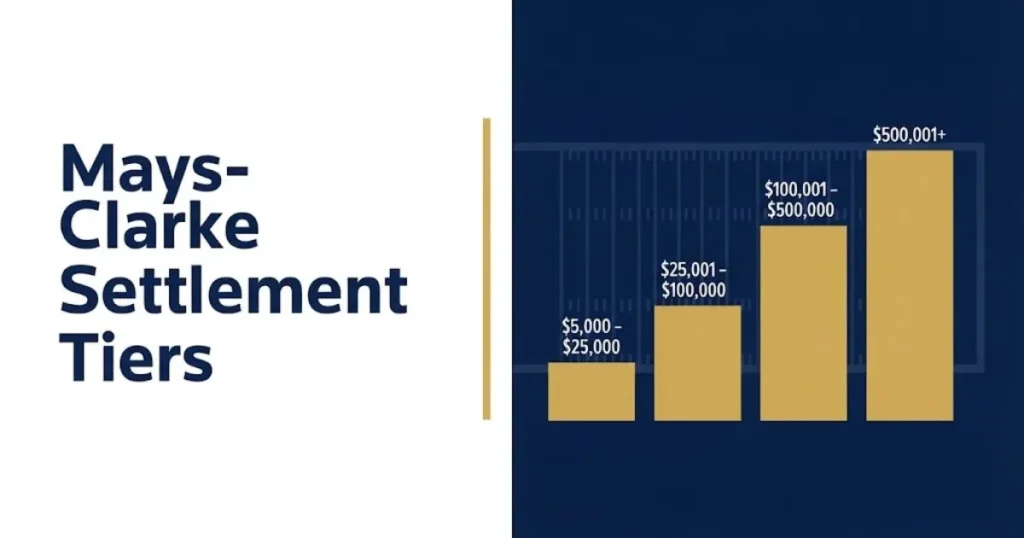 Mays-Clarke football lawsuit settlement tiers infographic showing four payout levels on navy and white background