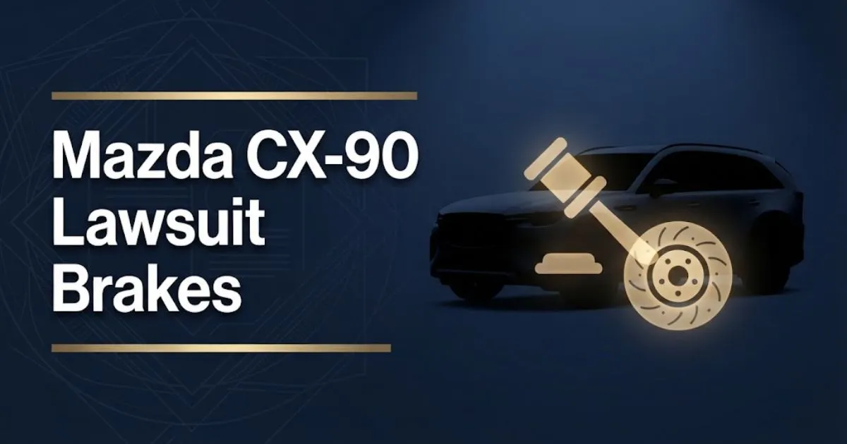 Mazda CX-90 lawsuit brakes hero banner with SUV silhouette and gavel icon on navy background
