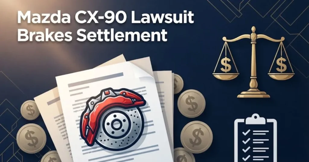 Mazda CX-90 lawsuit brakes settlement graphic with legal documents and brake caliper illustration