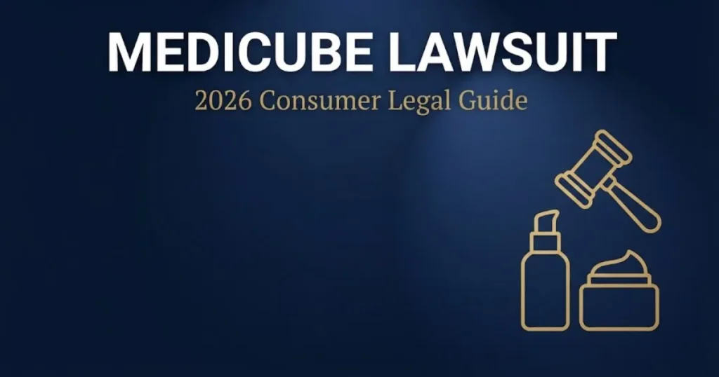 Medicube lawsuit 2026 hero banner showing legal headline text on navy background with gold gavel icon