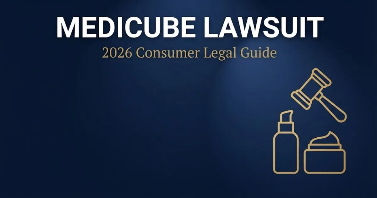 Medicube lawsuit 2026 hero banner showing legal headline text on navy background with gold gavel icon