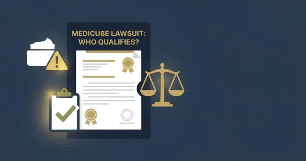 Medicube lawsuit eligibility guide graphic with legal icons and who qualifies headline text on navy background