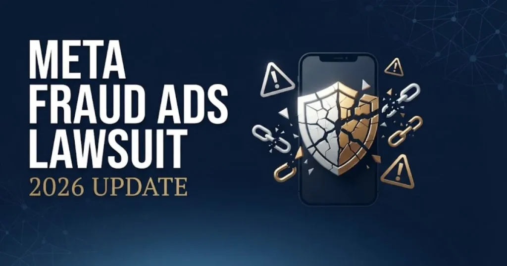 Meta fraud ads lawsuit 2026 hero banner with shield and smartphone icons on navy background