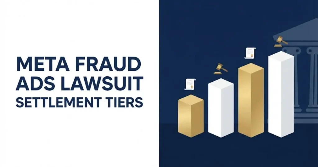 Meta fraud ads lawsuit settlement tiers graphic with bar chart and gavel icons on navy background
