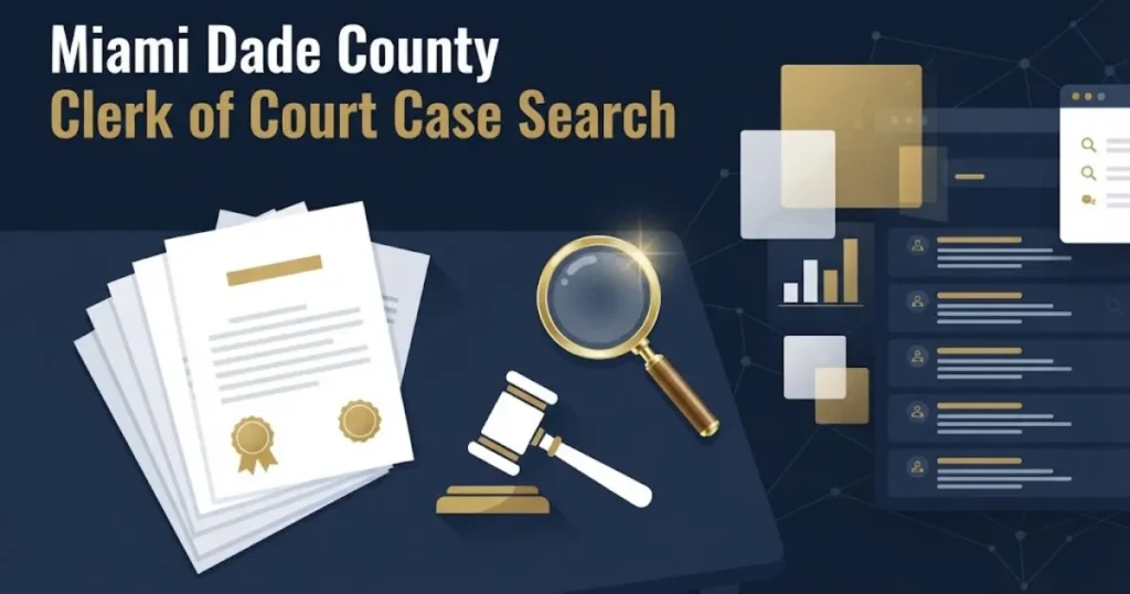 Miami Dade County Clerk of Court case search graphic with legal documents and database icons