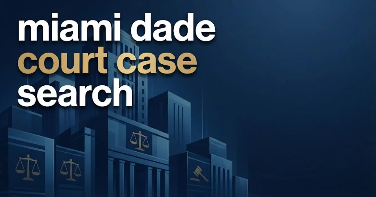 Miami dade court case search hero banner with courthouse skyline and legal icons in navy and gold