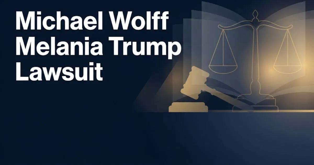 Michael Wolff Melania Trump lawsuit banner with legal scales and books on navy background
