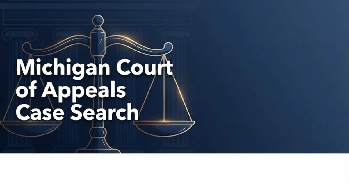 Michigan Court of Appeals case search hero banner with legal scales and navy gold design
