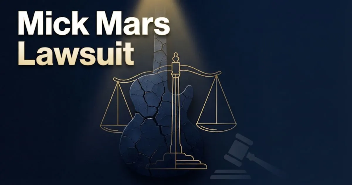 Mick Mars Lawsuit hero banner with guitar silhouette and scales of justice in navy and gold