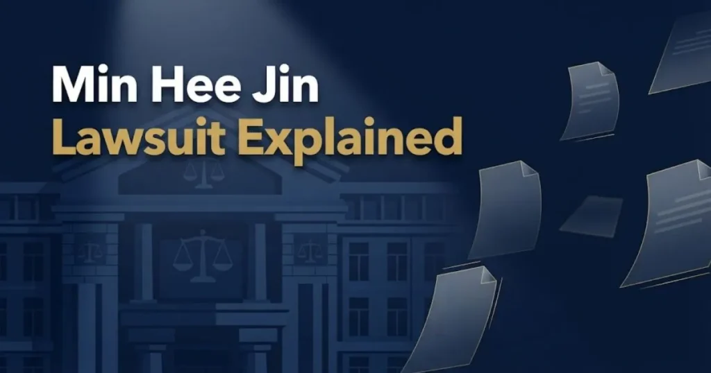 Min hee jin lawsuit explained hero banner with legal scales and courthouse in navy and gold tones