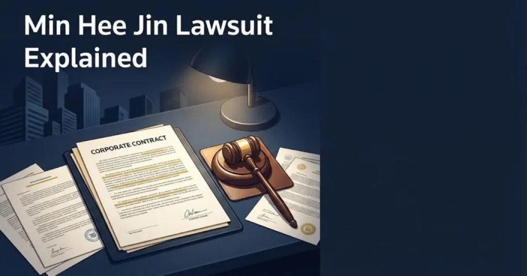 Min hee jin lawsuit explained supporting graphic with legal documents and gavel on navy desk surface